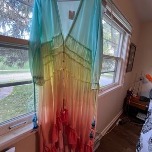 sheer chiffon boho beach hut hi-low button up multi color dress with ruffle